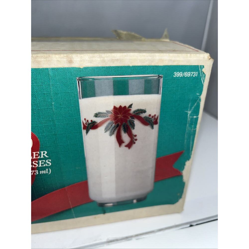NOS Vintage Libbey Poinsettia Ribbon Glasses Set of 10 W/ Box USA - Picture 2 of 6